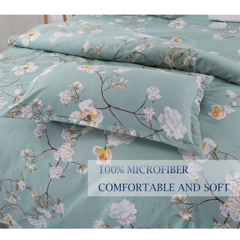 Nanko King Duvet Cover Set 3 Pieces 104X90 Size (1 Duvet Cover + 2 Pillow Shams) - Green Floral Printed -Soft Lightweight Luxury Microfiber - Teal Flower Comforter Cover - Image 5